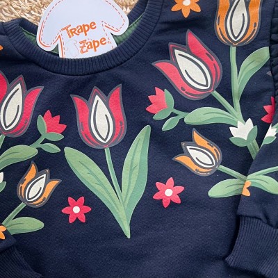  Conj. Casaco de Moletom Rosas Tropicais e Calça Legging - Preto e Verde